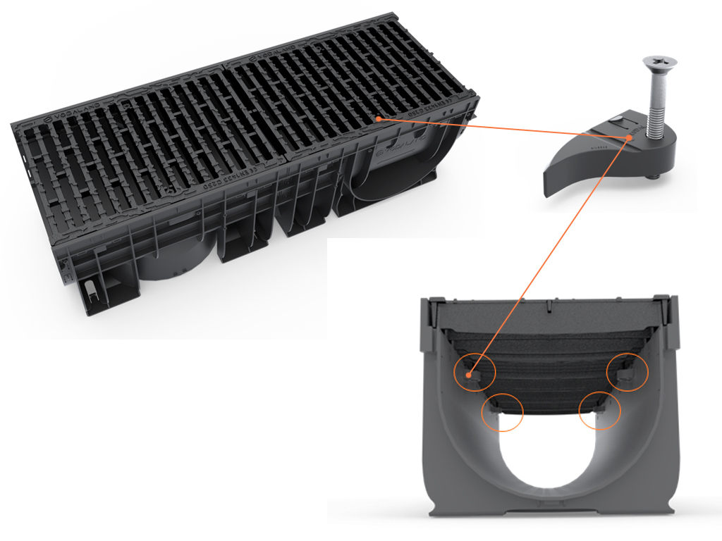 Лоток водоотводный пластиковый BASE DN300 H300 с решеткой чугунной щелевой класс нагрузки C250